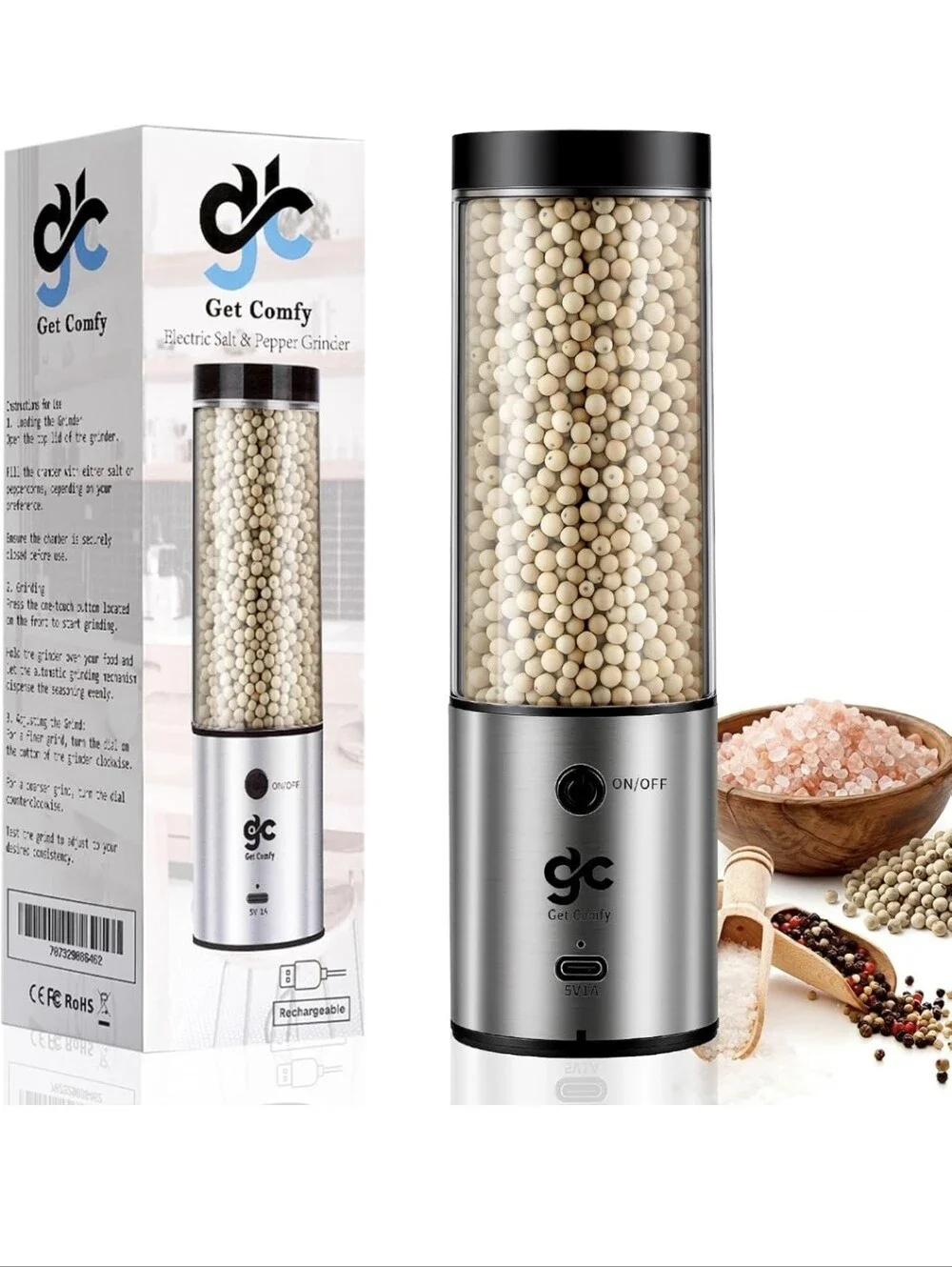 Electric Salt & Pepper Grinder Set One-Handed Automatic Pepper Mill with LED